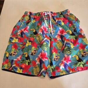 RS Surf Men L Beach Vacation  Floral Parrot Board Swim Trunks
